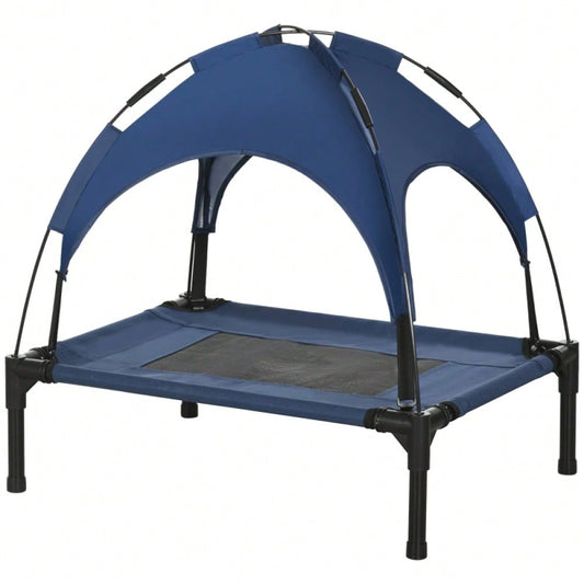 Hundebett Outdoor mit Baldachin & UV-Schutz: Erhöhtes, atmungsaktives Hundebett aus Taft in dunkelblau, 61x46x62 cm (LxBxH) - von PawHut