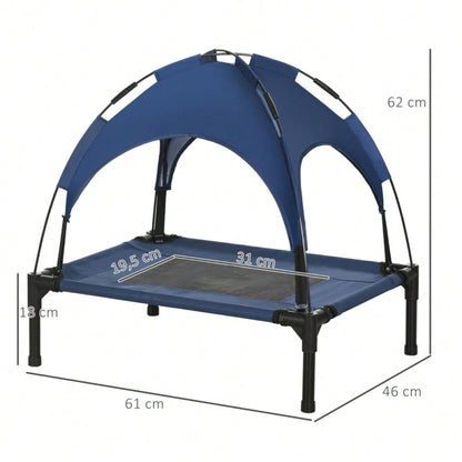 Hundebett Outdoor mit Baldachin & UV-Schutz: Erhöhtes, atmungsaktives Hundebett aus Taft in dunkelblau, 61x46x62 cm (LxBxH) - von PawHut