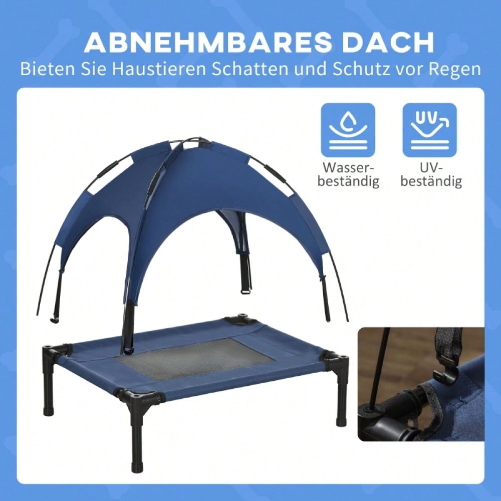 Hundebett Outdoor mit Baldachin & UV-Schutz: Erhöhtes, atmungsaktives Hundebett aus Taft in dunkelblau, 61x46x62 cm (LxBxH) - von PawHut