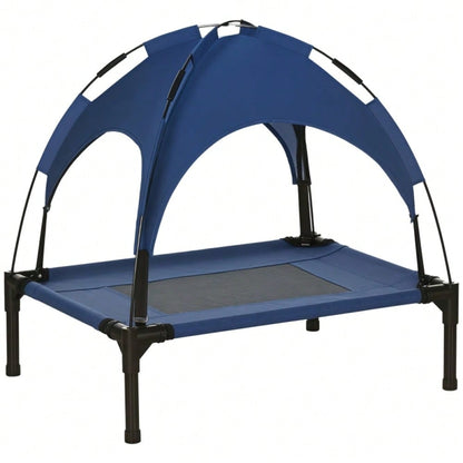 Hundebett Outdoor mit Baldachin & UV-Schutz: Erhöhtes, atmungsaktives Hundebett aus Taft in dunkelblau, 61x46x62 cm (LxBxH) - von PawHut