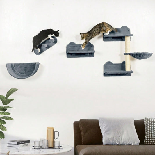 Kletterwand für Katzen 4-teilig mit Hängematte & Katzentreppe: Wandmontage Katzenmöbel mit Kratzbrett und Plattform, für Katzen bis 5 kg - von PawHut