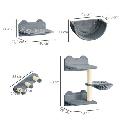 Kletterwand für Katzen 4-teilig mit Hängematte & Katzentreppe: Wandmontage Katzenmöbel mit Kratzbrett und Plattform, für Katzen bis 5 kg - von PawHut