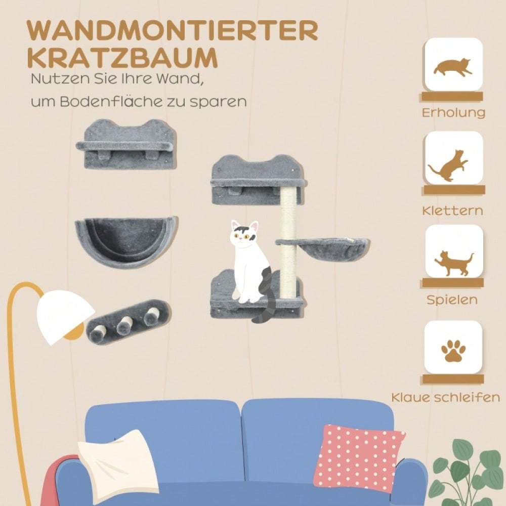 Kletterwand für Katzen 4-teilig mit Hängematte & Katzentreppe: Wandmontage Katzenmöbel mit Kratzbrett und Plattform, für Katzen bis 5 kg - von PawHut