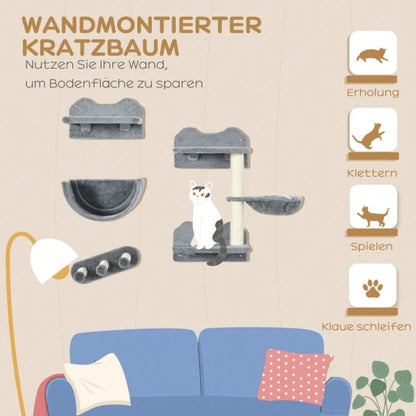 Kletterwand für Katzen 4-teilig mit Hängematte & Katzentreppe: Wandmontage Katzenmöbel mit Kratzbrett und Plattform, für Katzen bis 5 kg - von PawHut