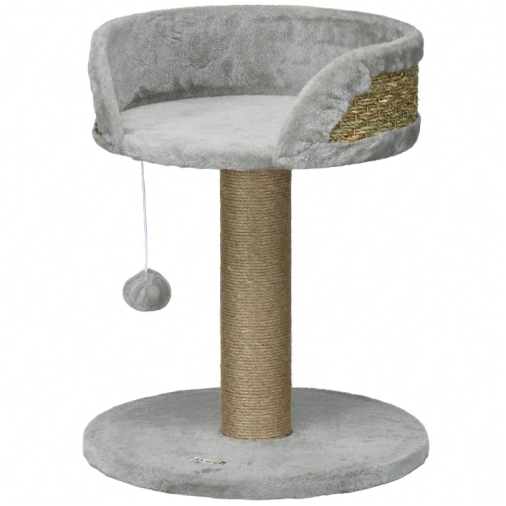 Kratzbaum klein für Katzen bis 4 kg, 49 cm: Katzenbaum mit Liegefläche, Spielball & Kratzpfosten aus Jute, grau - von PawHut