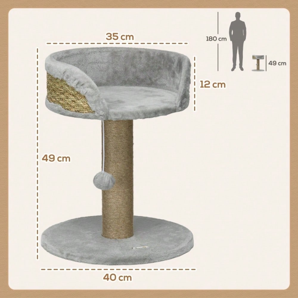 Kratzbaum klein für Katzen bis 4 kg, 49 cm: Katzenbaum mit Liegefläche, Spielball & Kratzpfosten aus Jute, grau - von PawHut