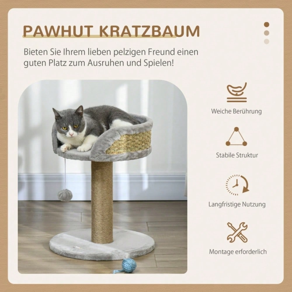 Kratzbaum klein für Katzen bis 4 kg, 49 cm: Katzenbaum mit Liegefläche, Spielball & Kratzpfosten aus Jute, grau - von PawHut