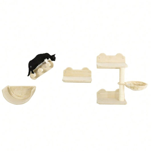Kletterwand für Katzen 4-teilig mit Kratzbrett, Hängematte, Katzentreppe & Plattform: Wandmontierter Kratzbaum für Katzen bis 5 kg - von PawHut