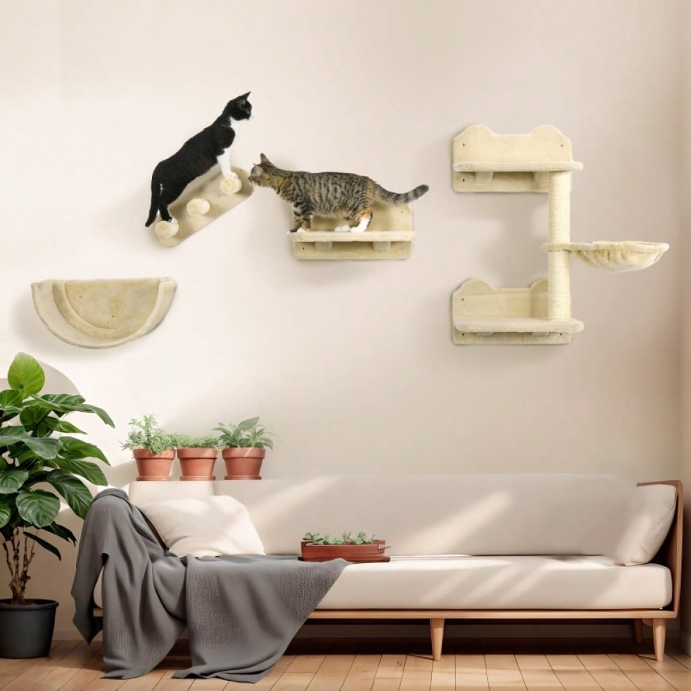 Kletterwand für Katzen 4-teilig mit Kratzbrett, Hängematte, Katzentreppe & Plattform: Wandmontierter Kratzbaum für Katzen bis 5 kg - von PawHut