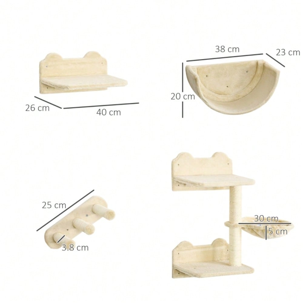 Kletterwand für Katzen 4-teilig mit Kratzbrett, Hängematte, Katzentreppe & Plattform: Wandmontierter Kratzbaum für Katzen bis 5 kg - von PawHut
