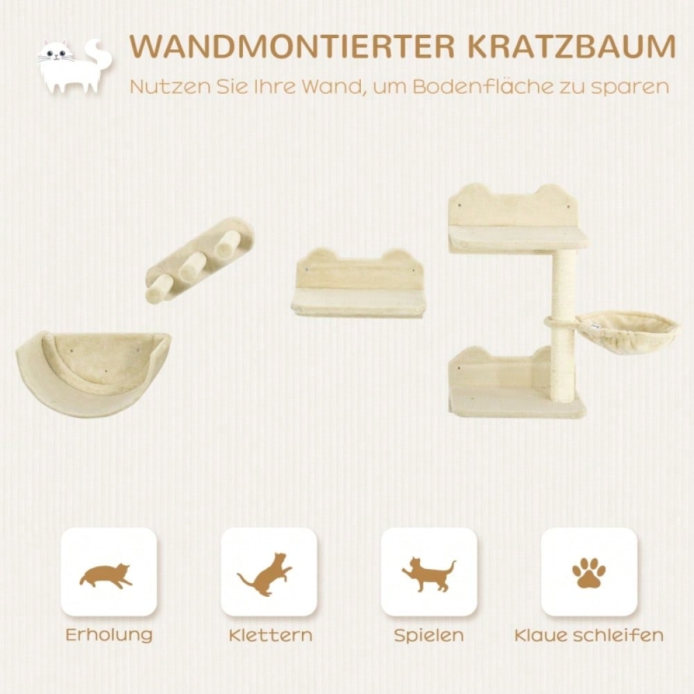 Kletterwand für Katzen 4-teilig mit Kratzbrett, Hängematte, Katzentreppe & Plattform: Wandmontierter Kratzbaum für Katzen bis 5 kg - von PawHut