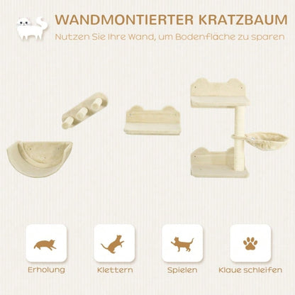 Kletterwand für Katzen 4-teilig mit Kratzbrett, Hängematte, Katzentreppe & Plattform: Wandmontierter Kratzbaum für Katzen bis 5 kg - von PawHut