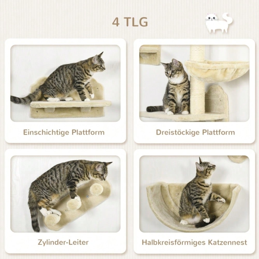 Kletterwand für Katzen 4-teilig mit Kratzbrett, Hängematte, Katzentreppe & Plattform: Wandmontierter Kratzbaum für Katzen bis 5 kg - von PawHut