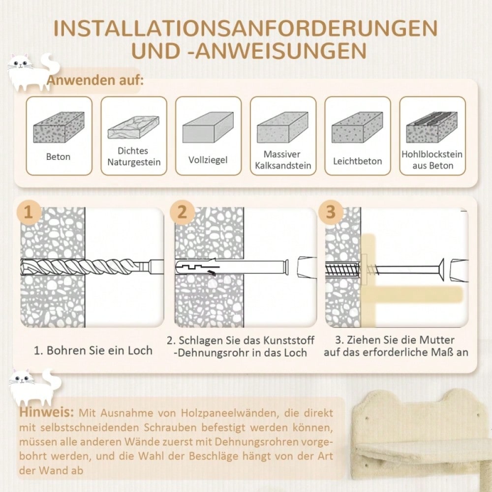 Kletterwand für Katzen 4-teilig mit Kratzbrett, Hängematte, Katzentreppe & Plattform: Wandmontierter Kratzbaum für Katzen bis 5 kg - von PawHut