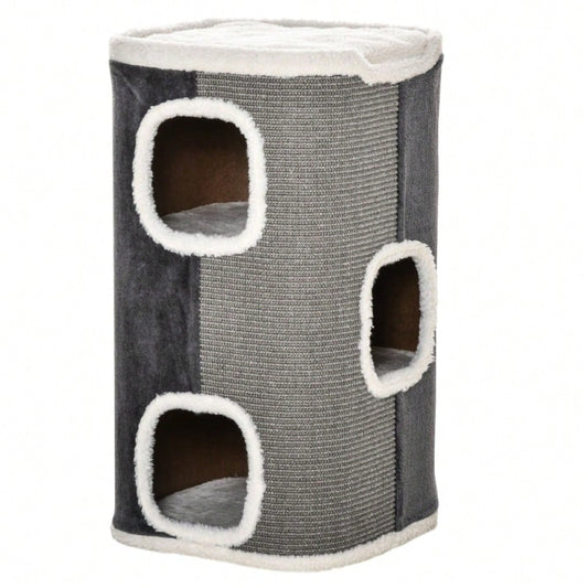 Kratztonne für Katzen mit 3 Ebenen – Katzbaum mit Sisal-Strick, samtartiger Polyester-Liegefläche und Spanplatten-Konstruktion, 74 x 40 x 40 cm (HxBxT), grau/weiß – von PawHut
