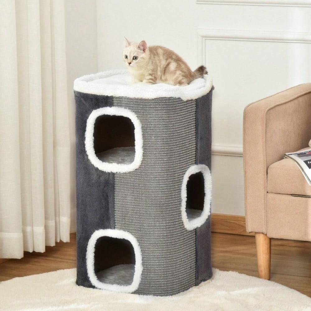 Kratztonne für Katzen mit 3 Ebenen – Katzbaum mit Sisal-Strick, samtartiger Polyester-Liegefläche und Spanplatten-Konstruktion, 74 x 40 x 40 cm (HxBxT), grau/weiß – von PawHut