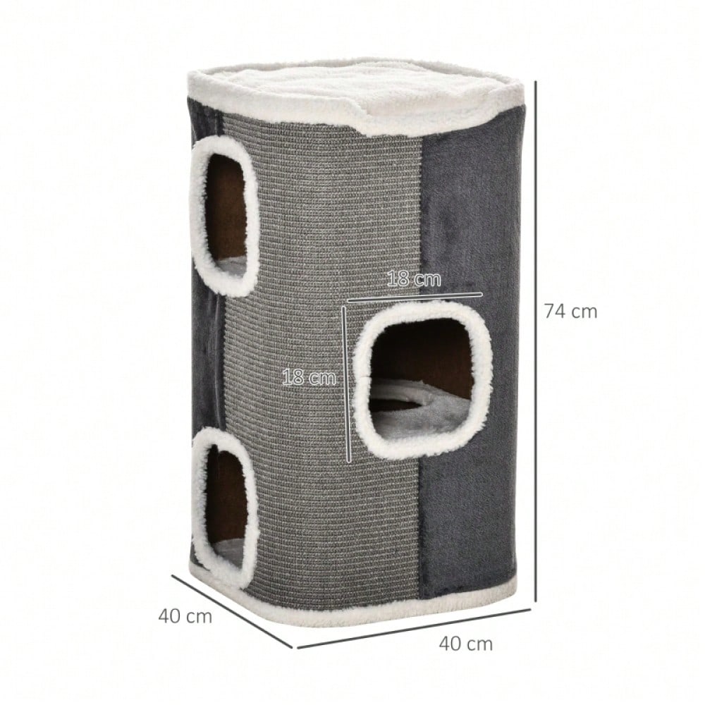 Kratztonne für Katzen mit 3 Ebenen – Katzbaum mit Sisal-Strick, samtartiger Polyester-Liegefläche und Spanplatten-Konstruktion, 74 x 40 x 40 cm (HxBxT), grau/weiß – von PawHut