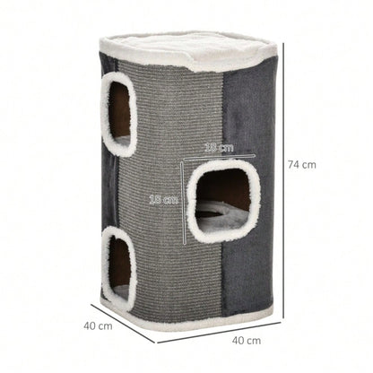 Kratztonne für Katzen mit 3 Ebenen – Katzbaum mit Sisal-Strick, samtartiger Polyester-Liegefläche und Spanplatten-Konstruktion, 74 x 40 x 40 cm (HxBxT), grau/weiß – von PawHut
