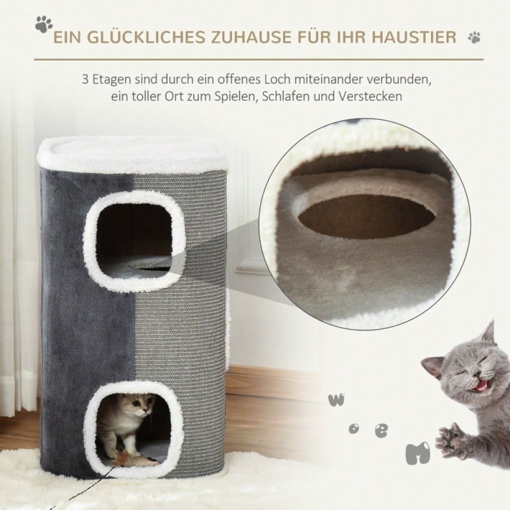 Kratztonne für Katzen mit 3 Ebenen – Katzbaum mit Sisal-Strick, samtartiger Polyester-Liegefläche und Spanplatten-Konstruktion, 74 x 40 x 40 cm (HxBxT), grau/weiß – von PawHut