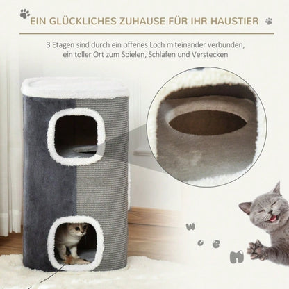 Kratztonne für Katzen mit 3 Ebenen – Katzbaum mit Sisal-Strick, samtartiger Polyester-Liegefläche und Spanplatten-Konstruktion, 74 x 40 x 40 cm (HxBxT), grau/weiß – von PawHut