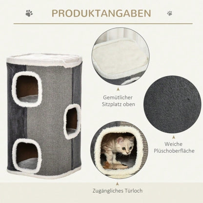 Kratztonne für Katzen mit 3 Ebenen – Katzbaum mit Sisal-Strick, samtartiger Polyester-Liegefläche und Spanplatten-Konstruktion, 74 x 40 x 40 cm (HxBxT), grau/weiß – von PawHut