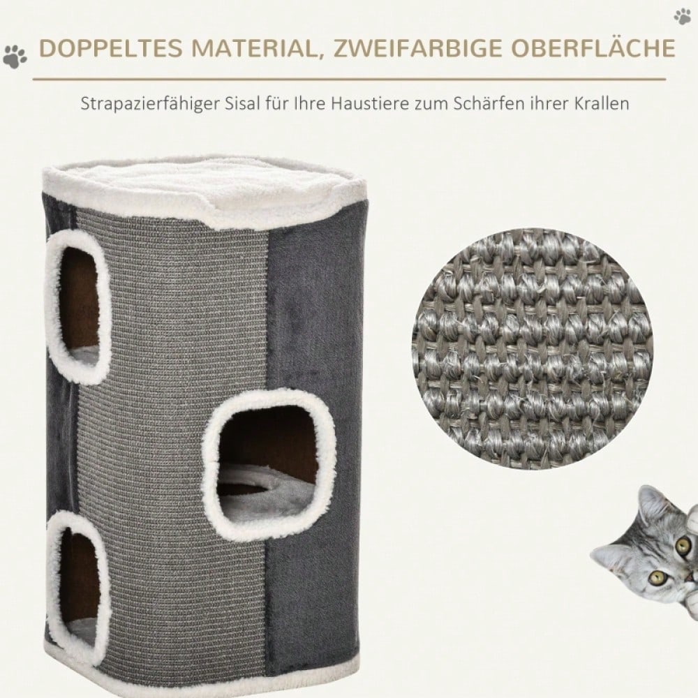 Kratztonne für Katzen mit 3 Ebenen – Katzbaum mit Sisal-Strick, samtartiger Polyester-Liegefläche und Spanplatten-Konstruktion, 74 x 40 x 40 cm (HxBxT), grau/weiß – von PawHut