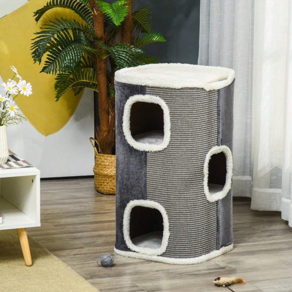 Kratztonne für Katzen mit 3 Ebenen – Katzbaum mit Sisal-Strick, samtartiger Polyester-Liegefläche und Spanplatten-Konstruktion, 74 x 40 x 40 cm (HxBxT), grau/weiß – von PawHut