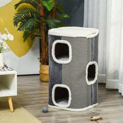 Kratztonne für Katzen mit 3 Ebenen – Katzbaum mit Sisal-Strick, samtartiger Polyester-Liegefläche und Spanplatten-Konstruktion, 74 x 40 x 40 cm (HxBxT), grau/weiß – von PawHut