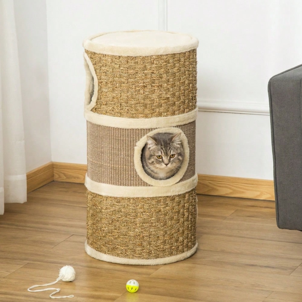 Kratztonne für Katzen mit 3 Ebenen – Kratzbaum mit Sisal-Strick und weicher Plüsch-Liegefläche, 70 x 37,5 x 37,5 cm (HxBxT), für Katzenliebhaber – von PawHut