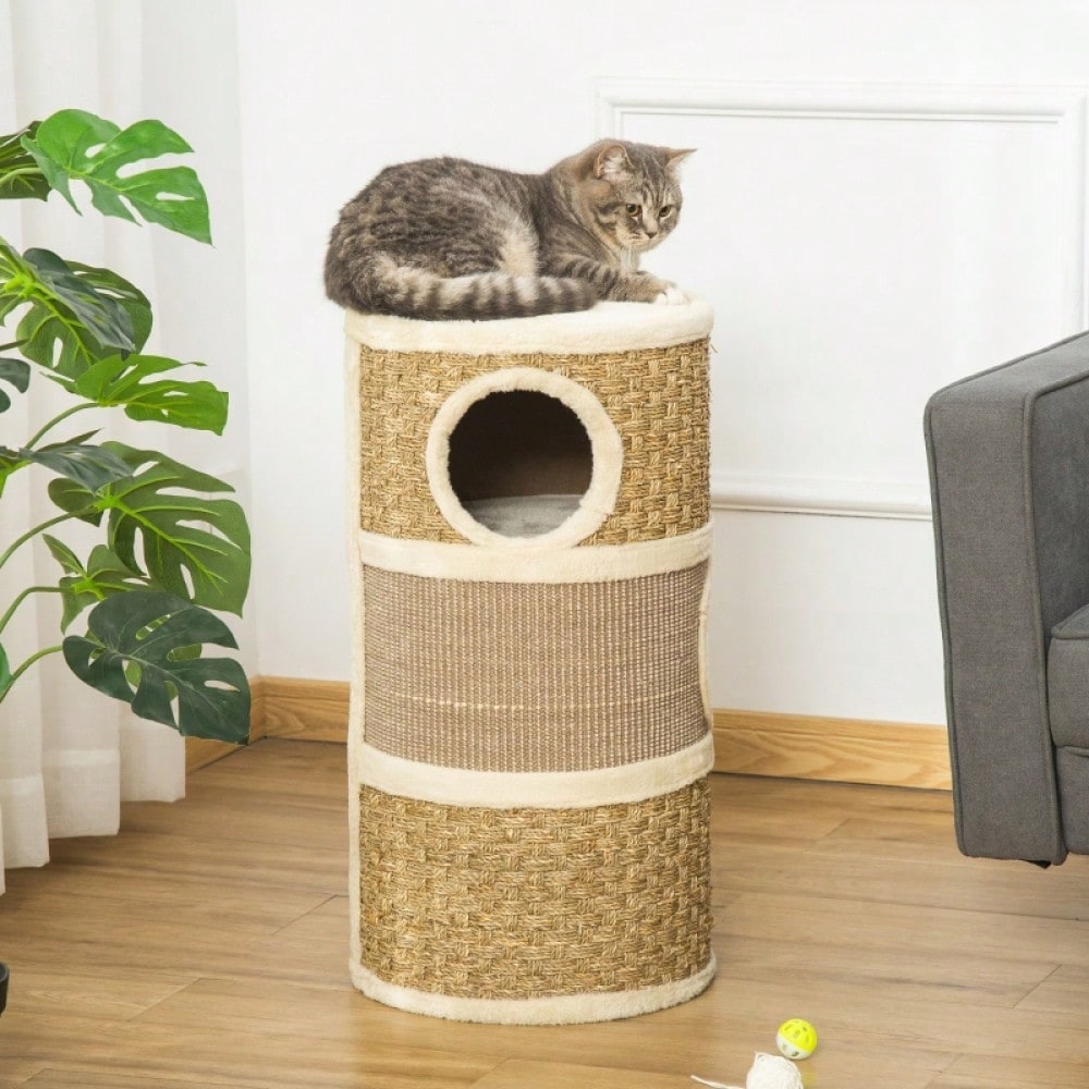 Kratztonne für Katzen mit 3 Ebenen – Kratzbaum mit Sisal-Strick und weicher Plüsch-Liegefläche, 70 x 37,5 x 37,5 cm (HxBxT), für Katzenliebhaber – von PawHut