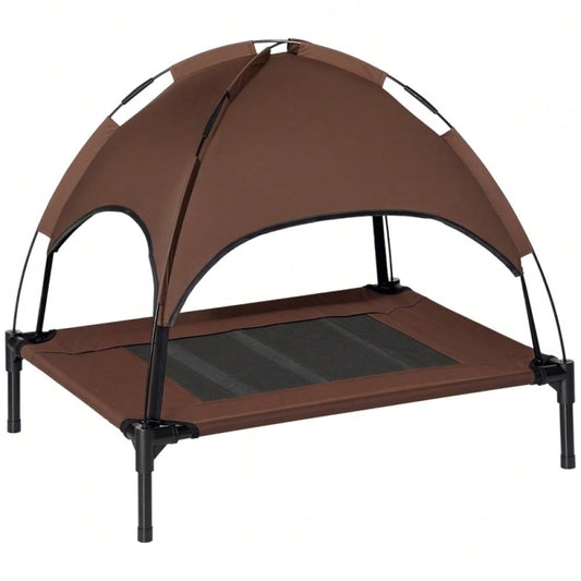 Hundebett Outdoor mit Baldachin – Erhöhtes, atmungsaktives Haustierbett aus Taftstoff, 76 x 61 x 73 cm (LxBxH), kaffeefarben – von PawHut