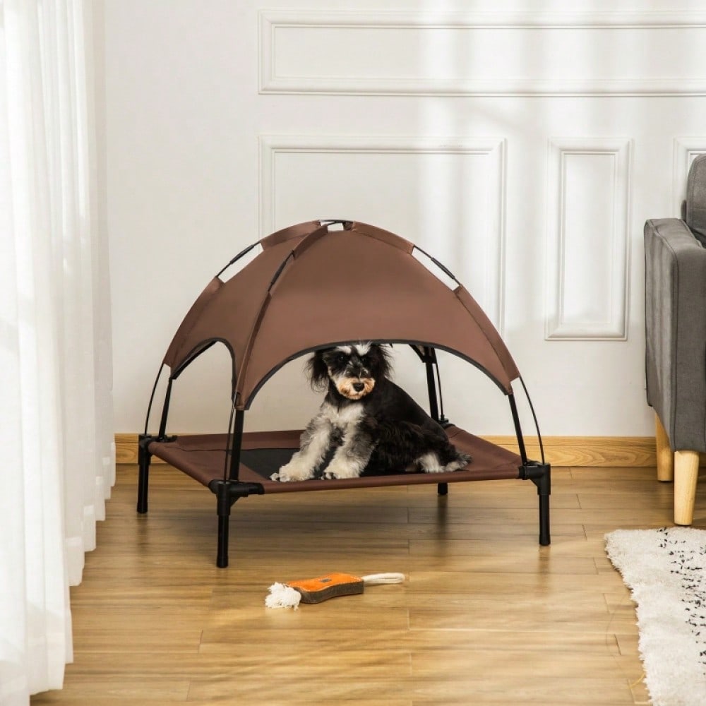 Hundebett Outdoor mit Baldachin – Erhöhtes, atmungsaktives Haustierbett aus Taftstoff, 76 x 61 x 73 cm (LxBxH), kaffeefarben – von PawHut