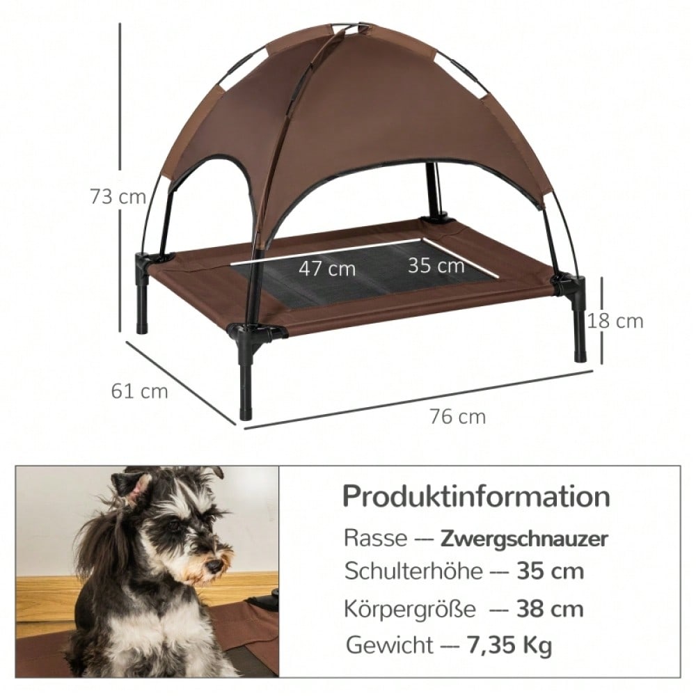 Hundebett Outdoor mit Baldachin – Erhöhtes, atmungsaktives Haustierbett aus Taftstoff, 76 x 61 x 73 cm (LxBxH), kaffeefarben – von PawHut