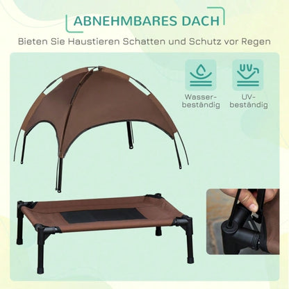 Hundebett Outdoor mit Baldachin – Erhöhtes, atmungsaktives Haustierbett aus Taftstoff, 76 x 61 x 73 cm (LxBxH), kaffeefarben – von PawHut
