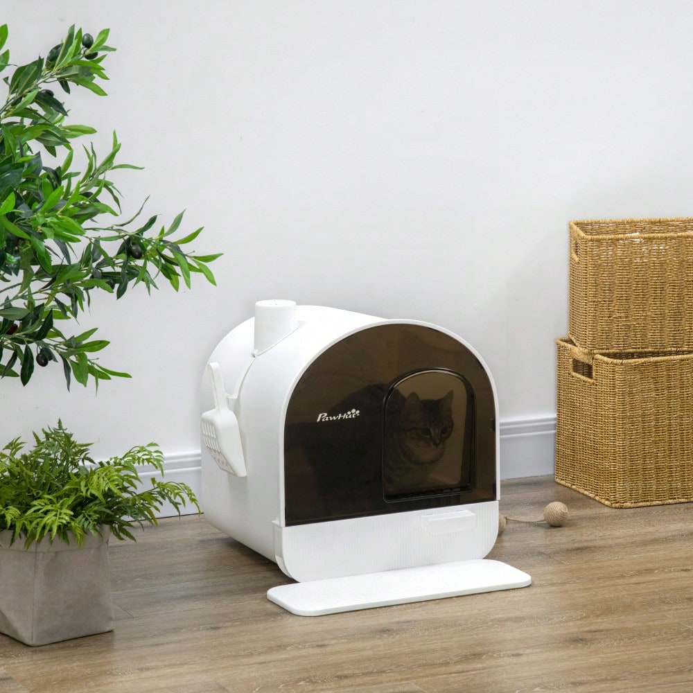Katzentoilette mit Haube geschlossen - Katzenklo mit Deckel und herausnehmbarer Tür, inklusive Katzenstreu Matte, für Kleine Katzen bis 5 kg, Kunststoff, Weiß (43 x 44 x 47 cm)