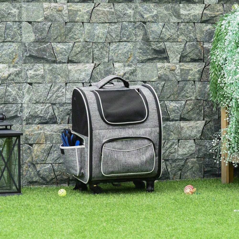 2-in-1 Hundetrolley: Transporttasche & Haustierrucksack für Hunde & Katzen | Mit Belüftungsfenster & Tür | Für Reisen, Tierarzt & Outdoor | 43x33x51.5 cm | Grau | von PawHut