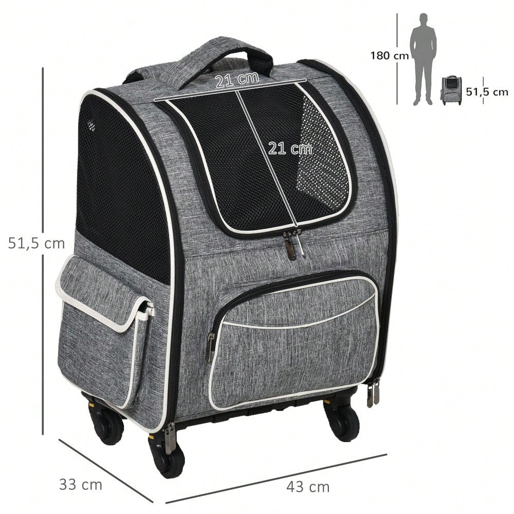 2-in-1 Hundetrolley: Transporttasche & Haustierrucksack für Hunde & Katzen | Mit Belüftungsfenster & Tür | Für Reisen, Tierarzt & Outdoor | 43x33x51.5 cm | Grau | von PawHut