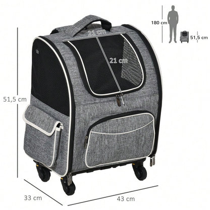2-in-1 Hundetrolley: Transporttasche & Haustierrucksack für Hunde & Katzen | Mit Belüftungsfenster & Tür | Für Reisen, Tierarzt & Outdoor | 43x33x51.5 cm | Grau | von PawHut