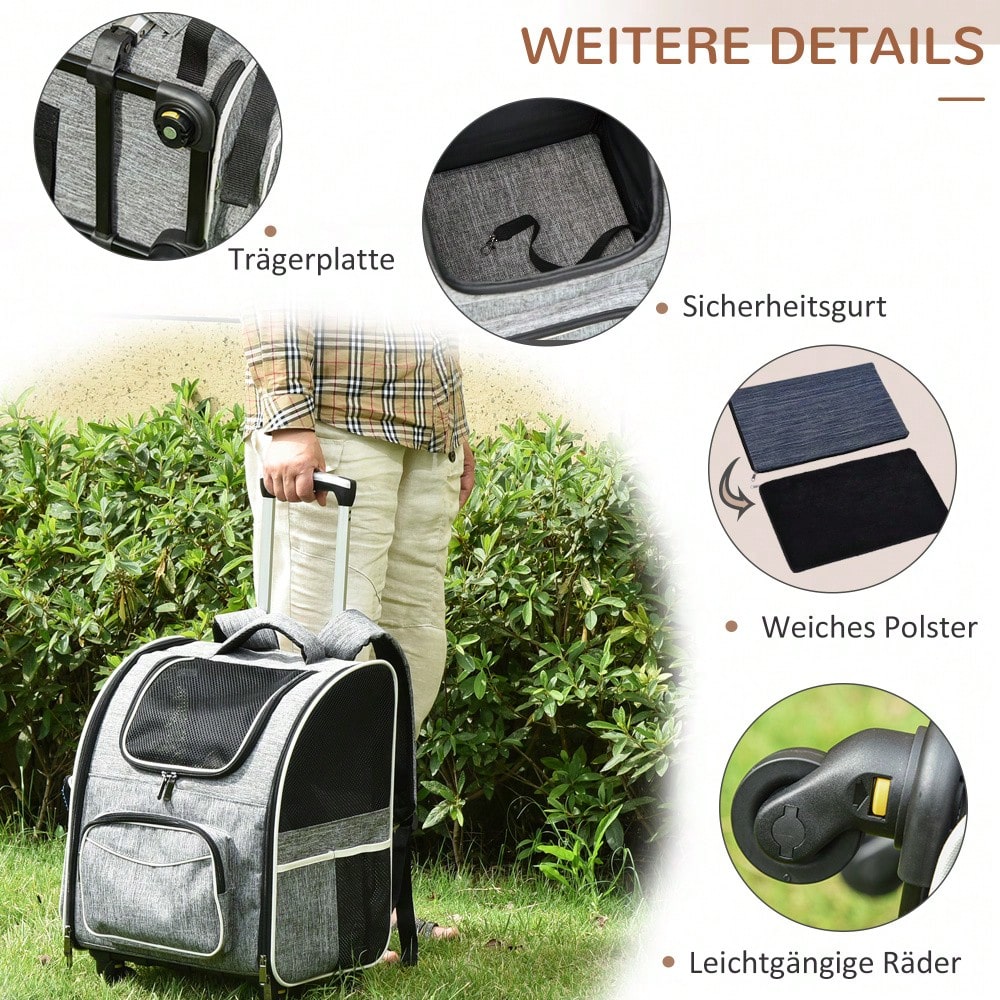 2-in-1 Hundetrolley: Transporttasche & Haustierrucksack für Hunde & Katzen | Mit Belüftungsfenster & Tür | Für Reisen, Tierarzt & Outdoor | 43x33x51.5 cm | Grau | von PawHut