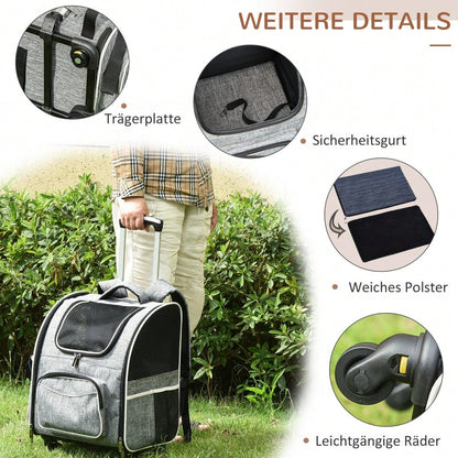2-in-1 Hundetrolley: Transporttasche & Haustierrucksack für Hunde & Katzen | Mit Belüftungsfenster & Tür | Für Reisen, Tierarzt & Outdoor | 43x33x51.5 cm | Grau | von PawHut