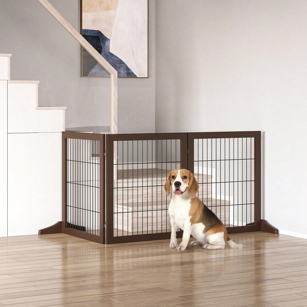 Hundegitter aus Kiefernholz | Freistehendes Absperrgitter für Wohnung, Türdurchgänge & Korridore | 185x36x71 cm | Braun | von PawHut
