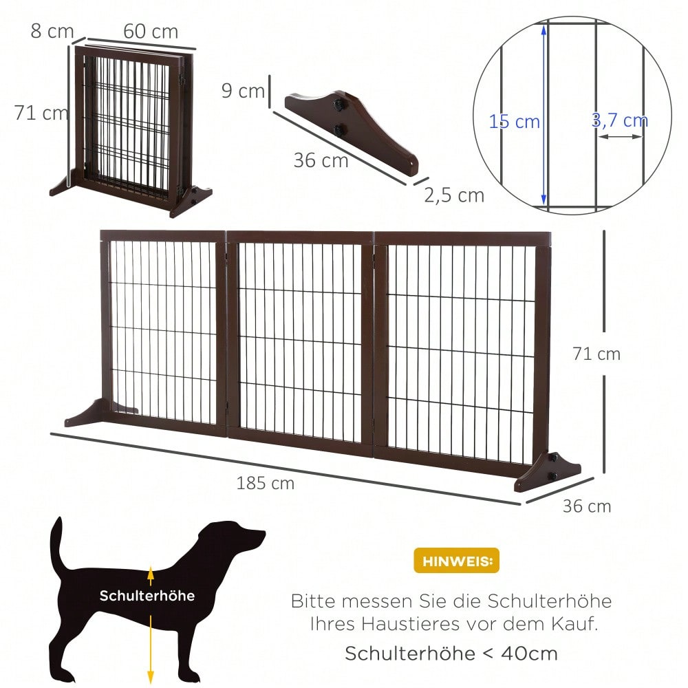 Hundegitter aus Kiefernholz | Freistehendes Absperrgitter für Wohnung, Türdurchgänge & Korridore | 185x36x71 cm | Braun | von PawHut