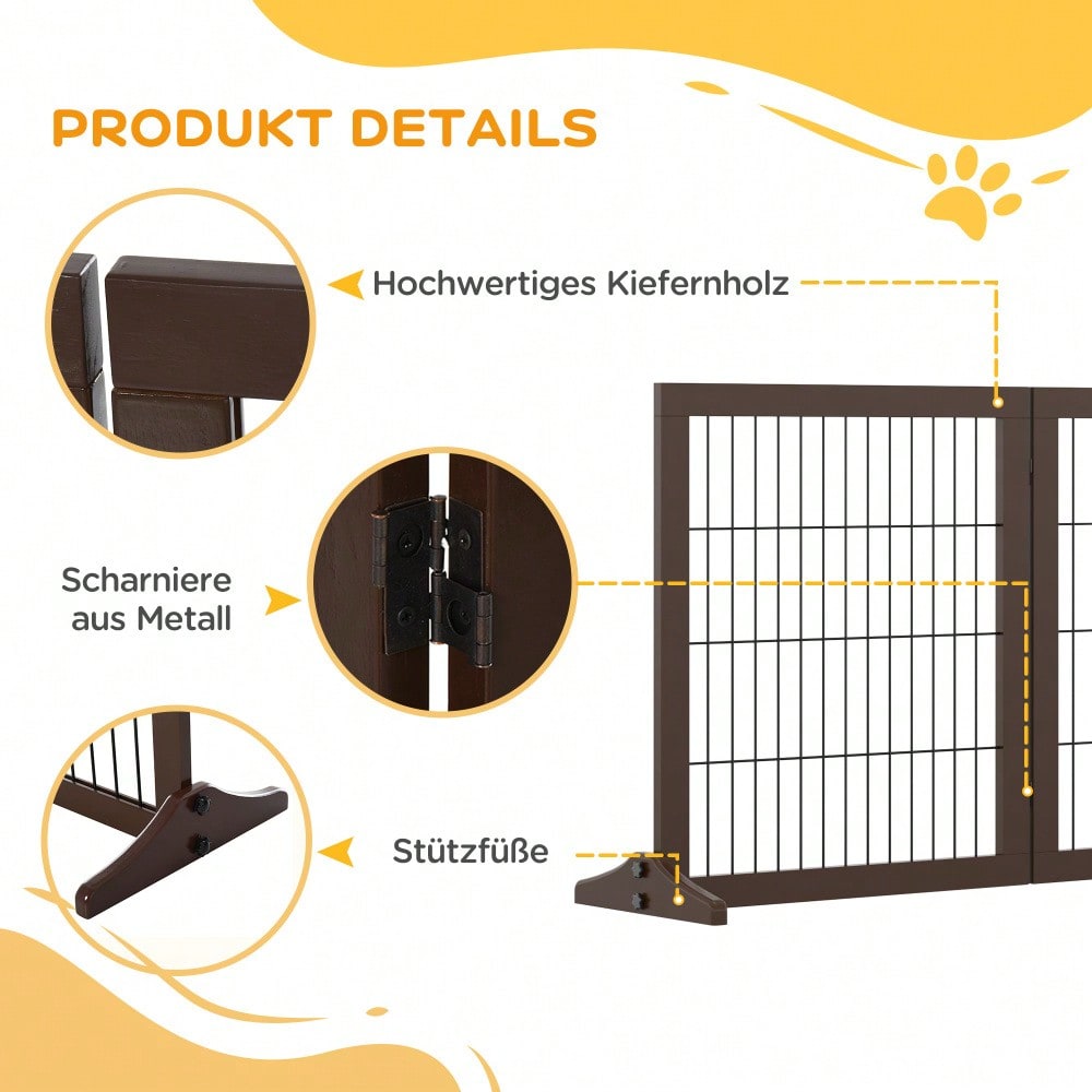 Hundegitter aus Kiefernholz | Freistehendes Absperrgitter für Wohnung, Türdurchgänge & Korridore | 185x36x71 cm | Braun | von PawHut