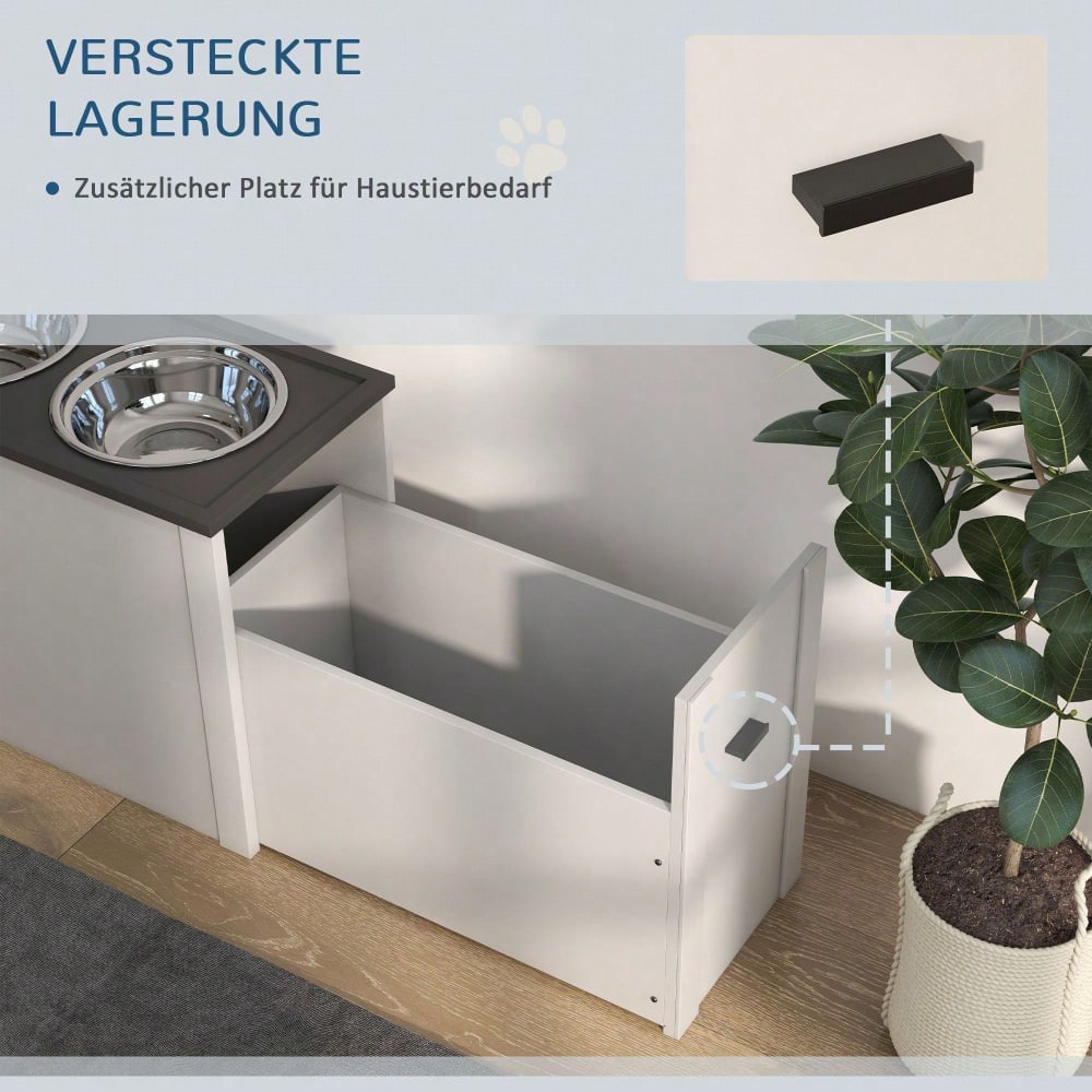 Hundenapfständer mit Stauraum & 2x 2L Edelstahlschüsseln | Futterstation für große Hunde | Wassernapf & Futternapf in Einem | Weiß | von PawHut