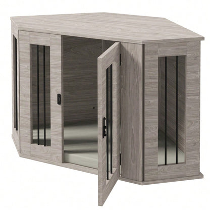 Hundekäfig mit Kissen & eckiger Design | Haustierkäfig mit Türriegel für mittelgroße Hunde | Platzsparendes Hundehaus in Walnuss-Optik | 104x55x63 cm | von PawHut