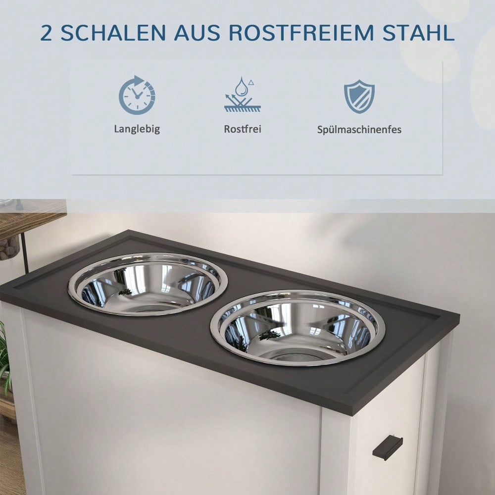 Hundenapfständer mit Stauraum & 2x 2L Edelstahlschüsseln | Futterstation für große Hunde | Wassernapf & Futternapf in Einem | Weiß | von PawHut