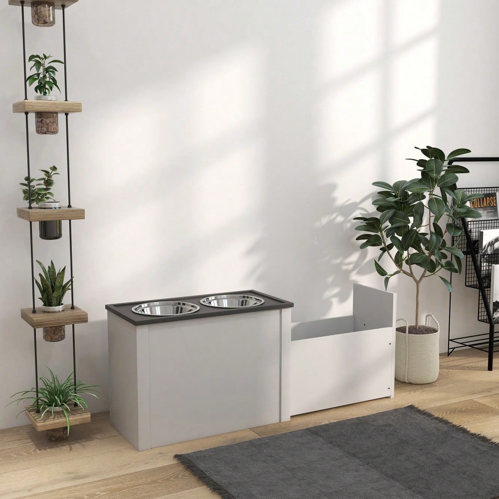 Hundenapfständer mit Stauraum & 2x 2L Edelstahlschüsseln | Futterstation für große Hunde | Wassernapf & Futternapf in Einem | Weiß | von PawHut