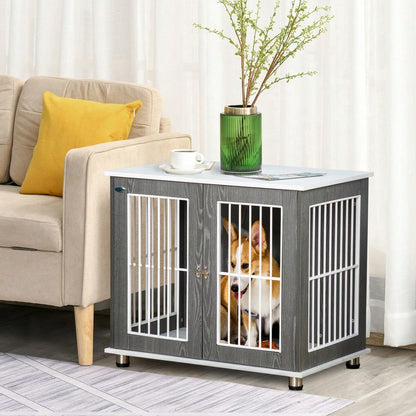 3-in-1 Hundetransportbox mit Tischplatte | Hundehütte aus Holz mit Kissen & Kleintierkäfig | Nutzbar als Beistelltisch | Grau-Weiß | 85x55x75 cm | von PawHut