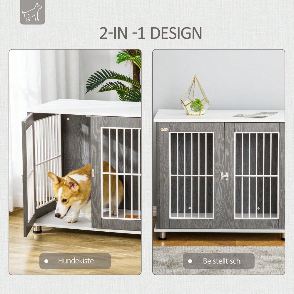 3-in-1 Hundetransportbox mit Tischplatte | Hundehütte aus Holz mit Kissen & Kleintierkäfig | Nutzbar als Beistelltisch | Grau-Weiß | 85x55x75 cm | von PawHut