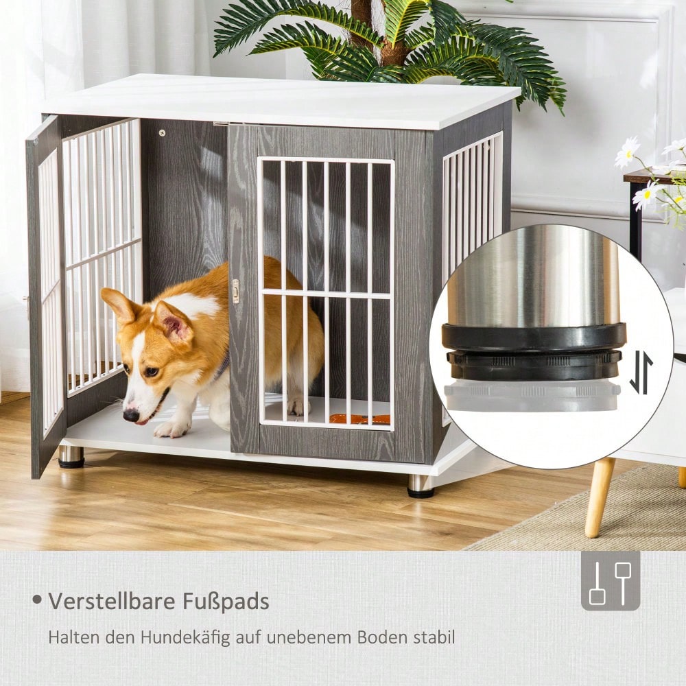 3-in-1 Hundetransportbox mit Tischplatte | Hundehütte aus Holz mit Kissen & Kleintierkäfig | Nutzbar als Beistelltisch | Grau-Weiß | 85x55x75 cm | von PawHut